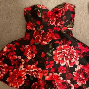 Black and red strapless mini dress